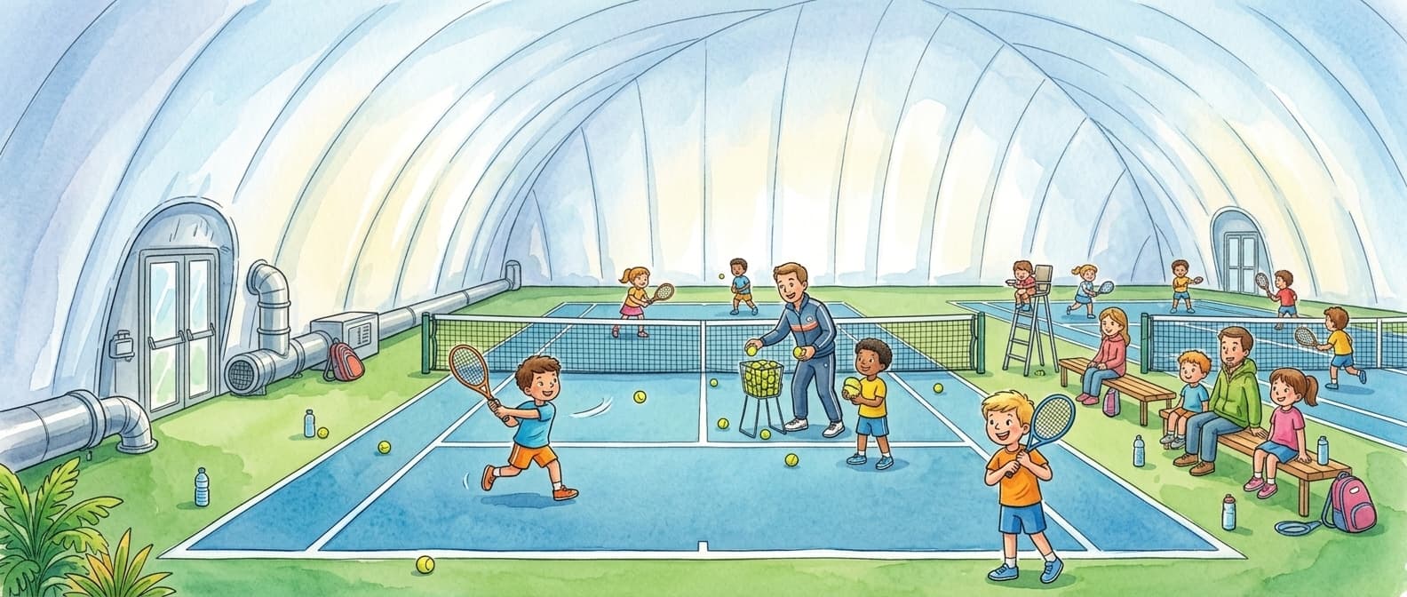 Bambini che giocano a tennis sotto il pallone pressostatico